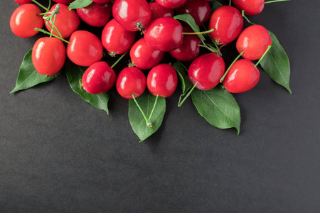 Small red wild apples on black background with copy space for text. Autumn concept. Fall flat lay.の写真素材