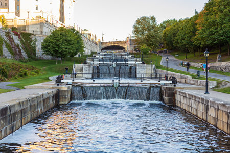 Ottawa, Canada - September 19, 2021: Rideau Canal locks in Ottawa, Canada on a sunny summer evening.のeditorial素材