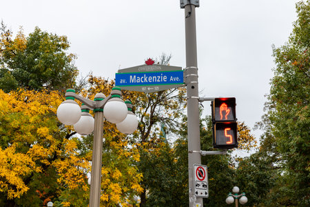 Ottawa, Canada - October 14, 2021: Mackenzie Ave sign near entrance to Major's Hill Park and traffic light at crosswalk for pedestrians in downtown in autumn seasonのeditorial素材