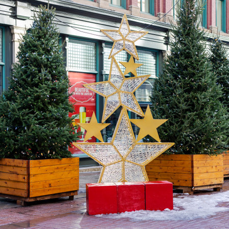 Ottawa, Canada - December 16, 2021: Sparks street decorated for Christmas holiday season. Photo zone