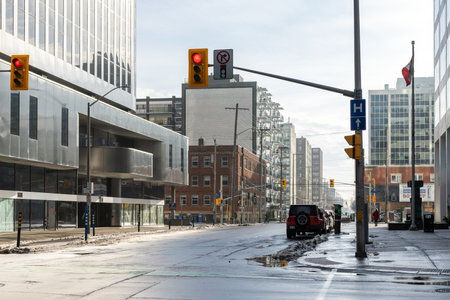 Ottawa, Canada - December 16, 2021: Urban view with road and traffic lights in downtown Ottawa,のeditorial素材