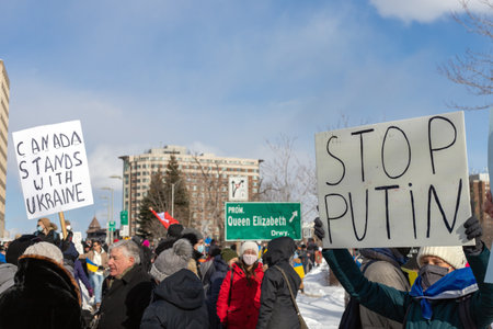 Ottawa, Canada - February 27, 2022: Rally with Ukrainian flags in support of Ukraine against war....