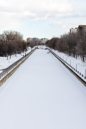 Ottawa, Canada - February 27, 2022: Rideau Canal in winter season in downtown of the cityのeditorial素材