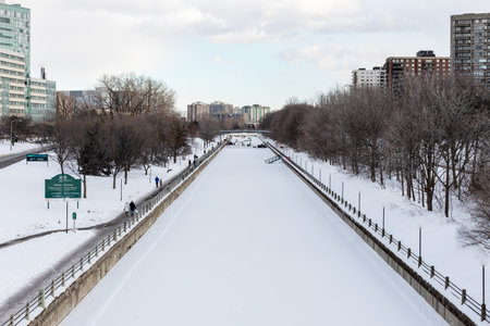 Ottawa, Canada - February 27, 2022: Rideau Canal in winter season in downtown of capital cityのeditorial素材
