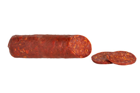 Salami spicy sausage isolated on white background.の写真素材