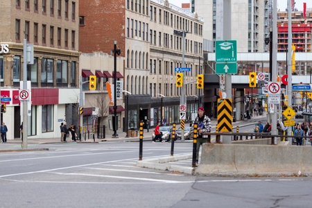 Ottawa, Canada - November 11, 2022: Busy Rideau street in downtown district. Cityscape with...
