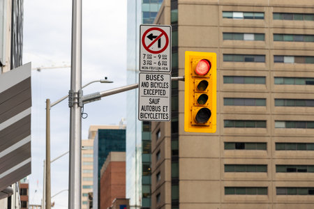 Traffic light against office buildings in downtown Ottawa, Canada.