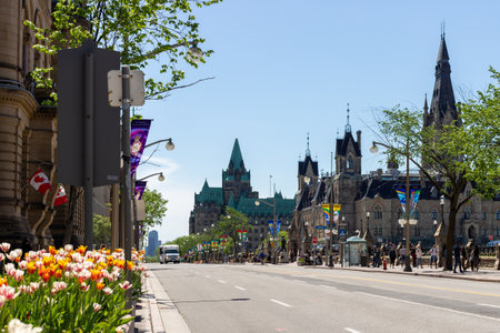 Ottawa, Canada - May 18, 2022: Wellington street in downtown near Parliament Hill buildings in spring.のeditorial素材