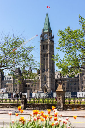 Ottawa, Canada - May 18, 2022: Parliament building with tulips in spring seasonのeditorial素材