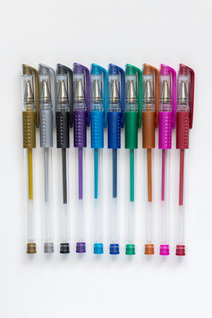 Set of colorful gel pens on white background with copy spaceの写真素材