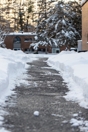 Winter road cleared of snow. Salt used to melt snow near houses.の写真素材