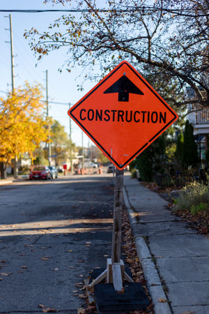 Construction sign on the road in Ottawa, Canadaの写真素材