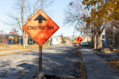 Construction sign on the road in Ottawa, Canadaの写真素材