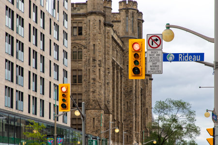 Ottawa, Canada - July 18, 2024: Street sign of Rideau St. on traffic lights pole in downtown.のeditorial素材
