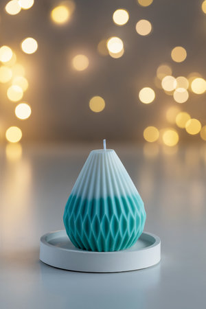 Handmade soy wax candle on a table with bokeh lights in the background.の写真素材