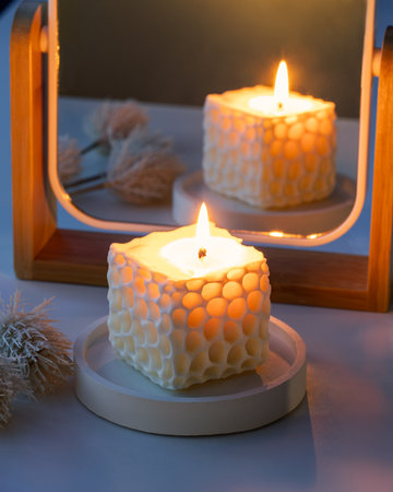 Lit cube handmade soy candle in front of a mirror with dried decorative flowers. Reflection of candlelight.の写真素材