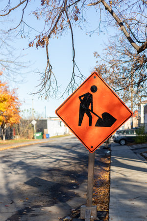Construction sign on the road in Ottawa, Canada.の写真素材