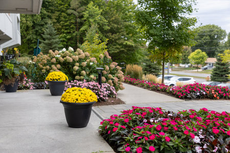 Residential house entrance with plants and flowers . Apartment building in Ottawa, Canadaの写真素材