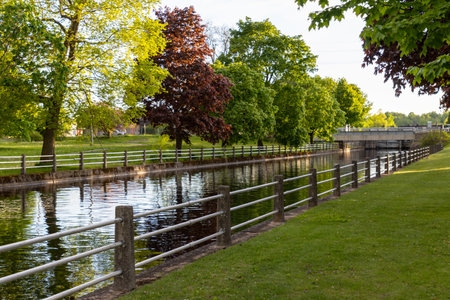 Rideau Canal in Smiths Falls town in Ontario, Canada in springの写真素材