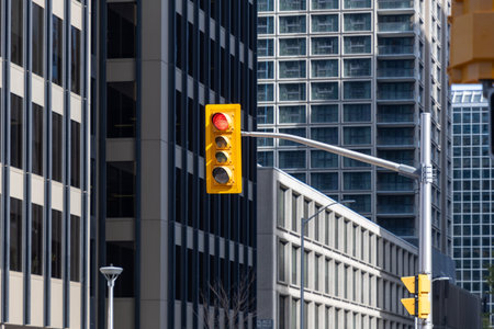 Traffic red light in Ottawa downtown district, Canadaの写真素材