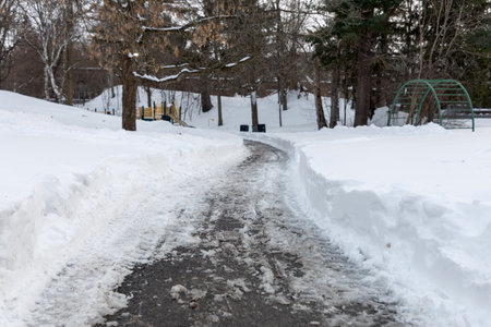 Winter road covered with salt and melting snow in a quiet residential neighborhood park, showing seasonal maintenanceの写真素材