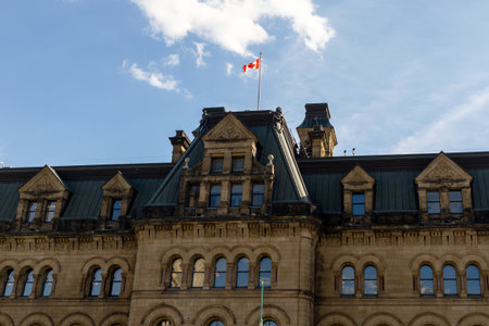 Prime Minister's Office building with Canadian flag in downtown Ottawa, Canadaの写真素材
