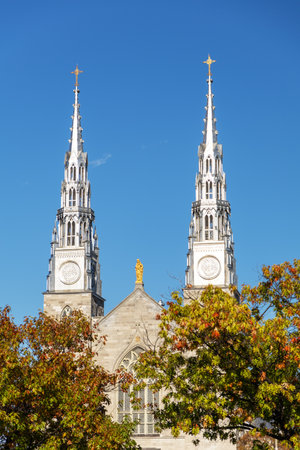 Notre-Dame Cathedral Basilica in Ottawa, Canada. Landmark church in downtown in autumn.の写真素材