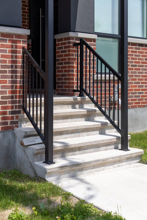 Stairs at the entrance of a modern townhouse or condo building in a residential area.の写真素材