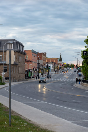 Smiths Falls, Canada - May 25, 2025: SHistoric downtown main street in small town in Ontario in the...