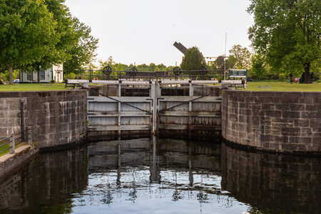 Rideau Canal lock system gates. Waterway infrastructure in Smiths Falls, Canada. Historic canal...