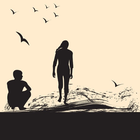 A boy and a girl on the beachのイラスト素材