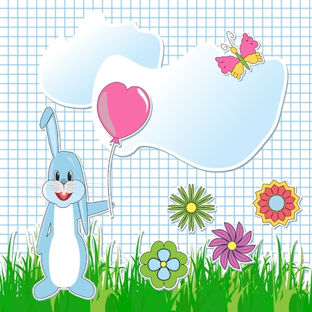 card with a bunny, grass, clouds, flowers and a butterflyのイラスト素材