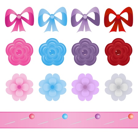 set of bows, flowers and pinsのイラスト素材