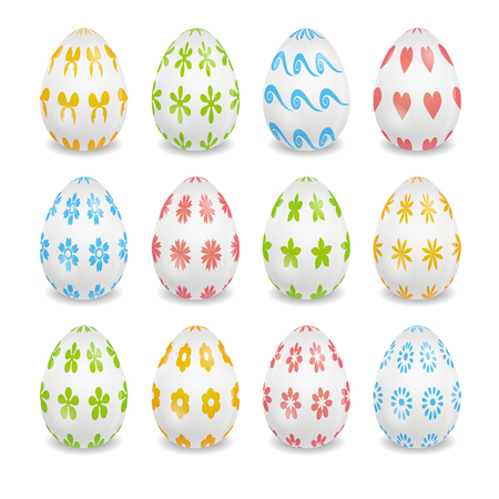 set of white eggs with patterns of flowers, waves, hearts and bowsのイラスト素材