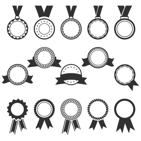 set of black silhouettes of medals and badgesのイラスト素材