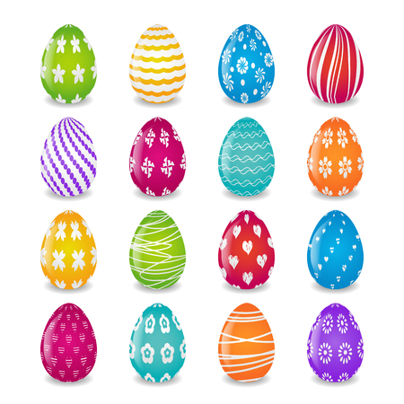 set of 16 colorful eggs with white patternsのイラスト素材