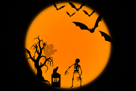 Halloween night, tree, bats, skeleton, ghostの写真素材