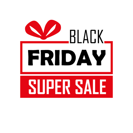 Black friday super sale poster with ribbon. Text, word on white and red backgroundの写真素材