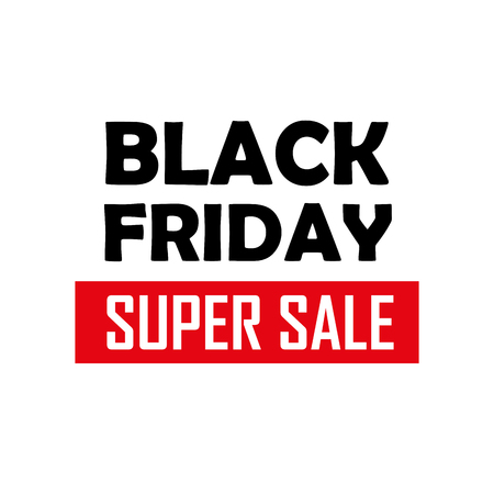 Black friday super sale poster. Text, word on white and red backgroundの写真素材