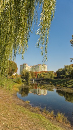 Beautiful fall colors reflect off a pond. Autumn park with high building.の写真素材
