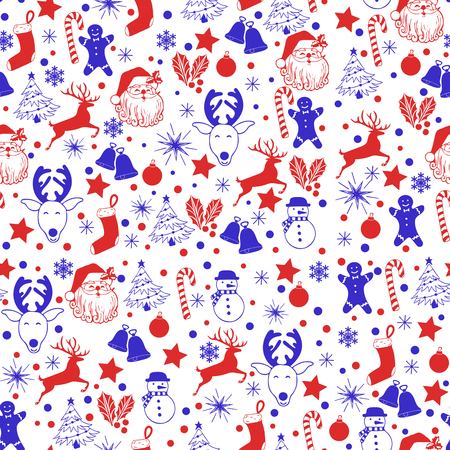 Christmas seamless blue and red pattern on white background with deer, snowman, candy, sock, star, snowflake holiday icons, New Year celebration elements. Design for fashion print, wrapping.の写真素材
