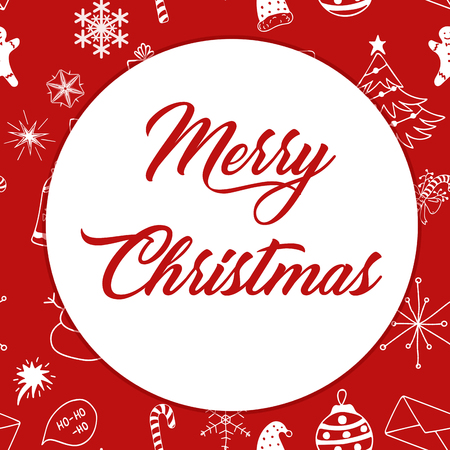 Seamless Christmas pattern white objects with red text Merry Christmas on redbackground.の写真素材