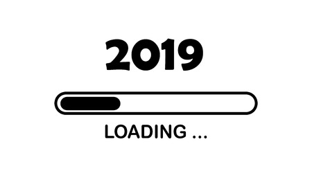 Happy new year 2019 with loading icon neon style. Progress bar almost reaching new year's eve. illustration with 2019 loading. Isolated or white background.の写真素材