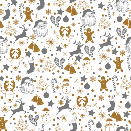 Christmas seamless gray and gold pattern on white background with deer, snowman, candy, sock, star, snowflake holiday icons, New Year celebration elements. Design for fashion print, wrapping.の写真素材