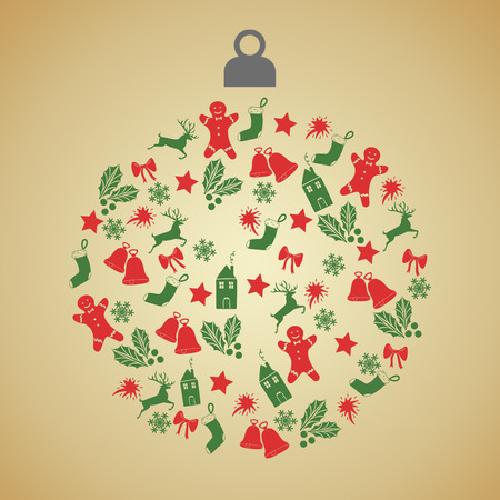 Christmas greeting card with christmas ball with green and red small decoration icons on gradient background.の写真素材