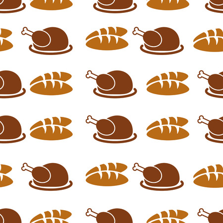Autumnal Thanksgiving orange seamless pattern with turkey and bread illustration on white background.の写真素材