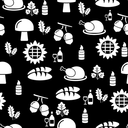 Autumnal Thanksgiving black and white seamless pattern with turkey and bread illustration on black background.の写真素材