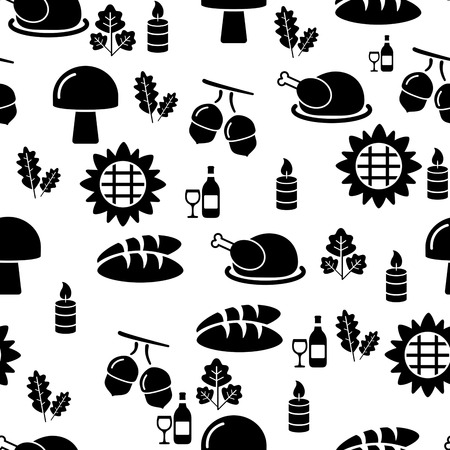 Autumnal Thanksgiving black and white seamless pattern with turkey and bread illustration on white background.の写真素材
