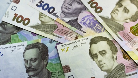 Close up vie of ukrainian money 100, 500 grivnia for design and creative projects.の写真素材