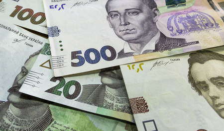 Close up vie of ukrainian money 100, 500 grivnia for design and creative projects.の写真素材
